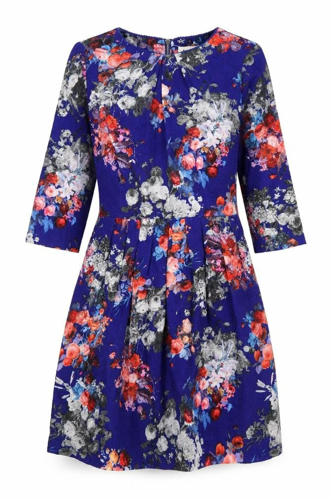 Louche Womens Blue Floral Polyester Fit & Flare Size 10 Round Neck Zip
