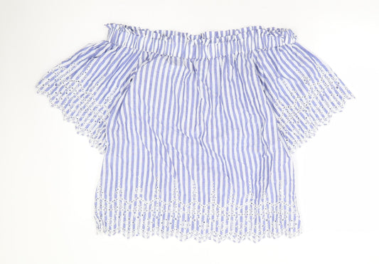 H&M Womens Blue Striped 100% Cotton Basic Blouse Size 10 Off the Shoulder - Bardot
