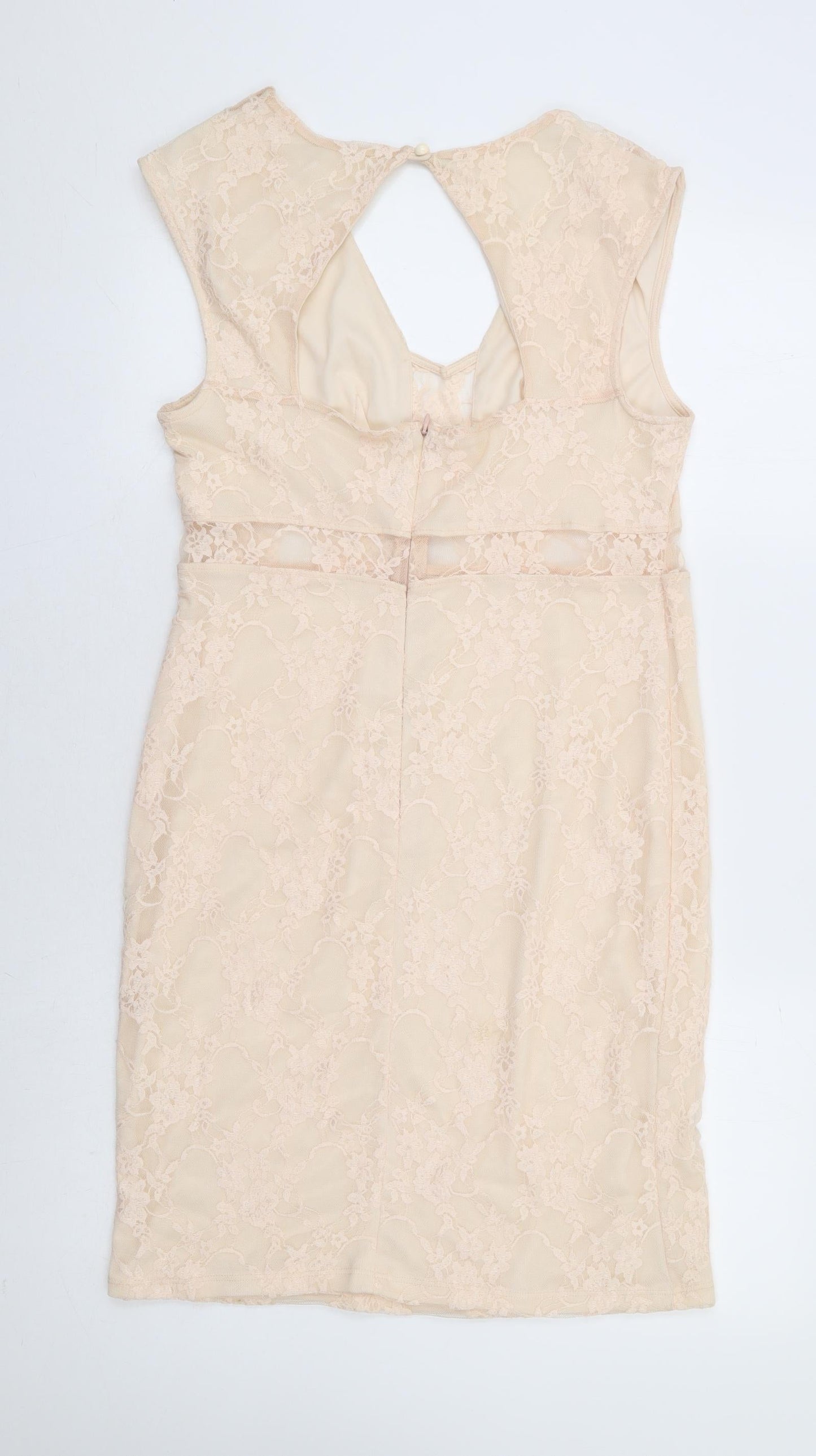 Preworn Womens Beige Floral Polyester Bodycon Size 16 V-Neck Zip