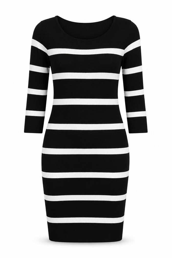 Mango Womens Black Striped Polyamide Bodycon Size M Scoop Neck Pullover