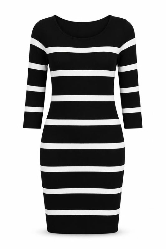 Mango Womens Black Striped Polyamide Bodycon Size M Scoop Neck Pullover