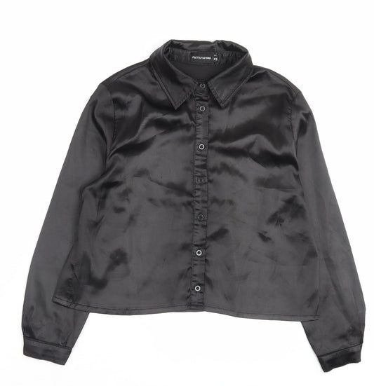 PRETTYLITTLETHING Womens Black Polyester Basic Button-Up Size XS Collared - Wet Look