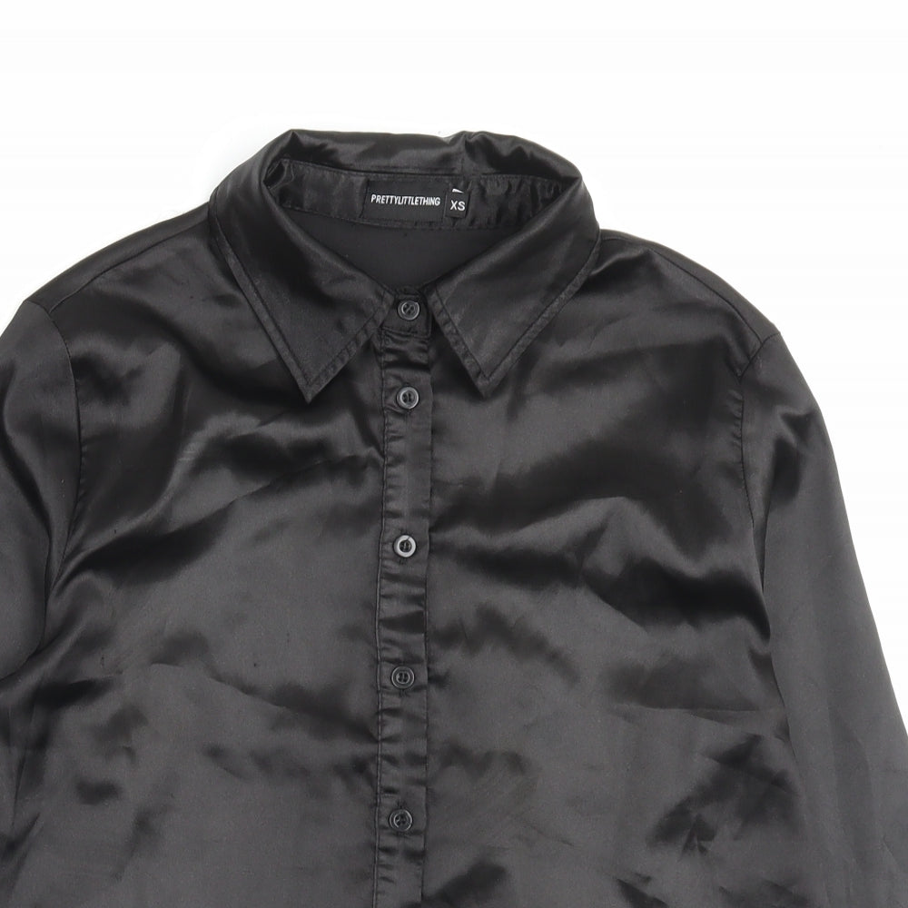 PRETTYLITTLETHING Womens Black Polyester Basic Button-Up Size XS Collared - Wet Look