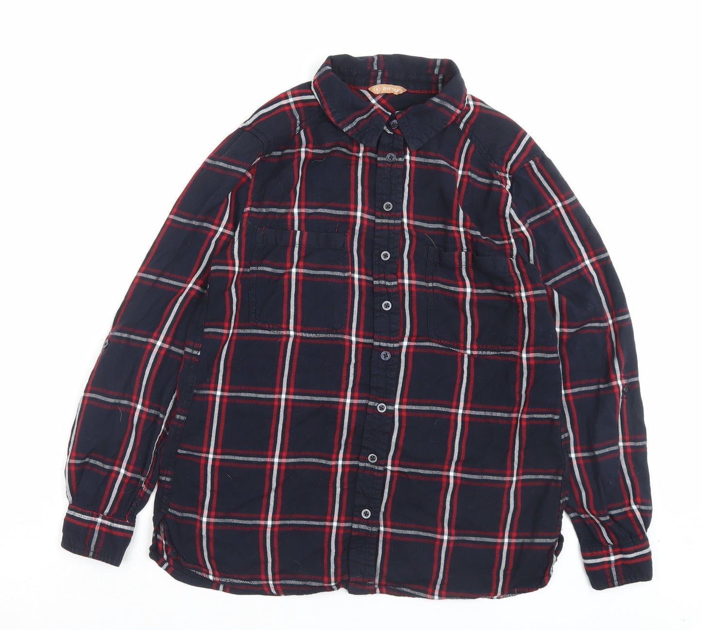 Avenue Womens Blue Plaid Viscose Basic Button-Up Size 8 Collared