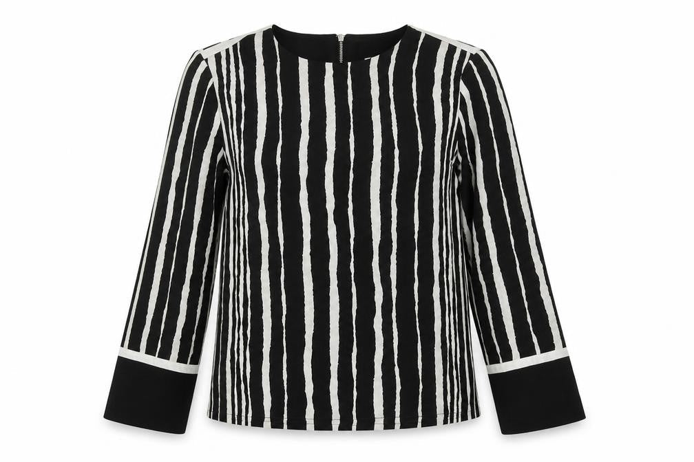 Warehouse Womens Black Striped Polyester Basic Blouse Size 8 Round Neck