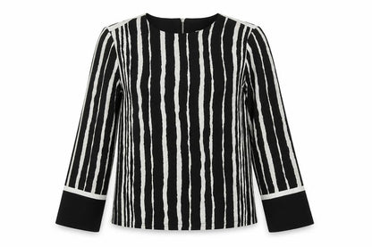 Warehouse Womens Black Striped Polyester Basic Blouse Size 8 Round Neck