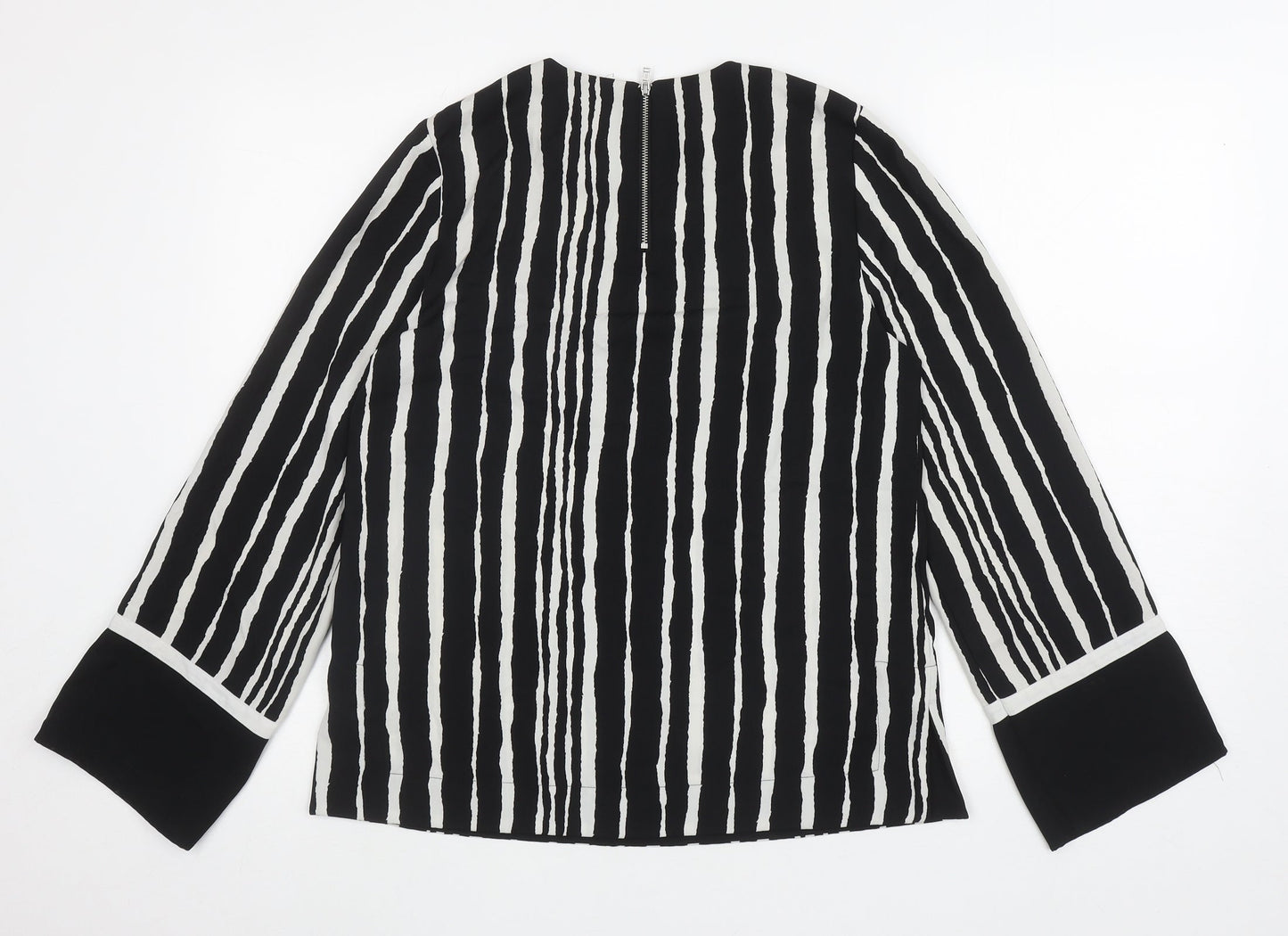 Warehouse Womens Black Striped Polyester Basic Blouse Size 8 Round Neck