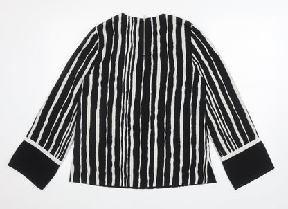 Warehouse Womens Black Striped Polyester Basic Blouse Size 8 Round Neck