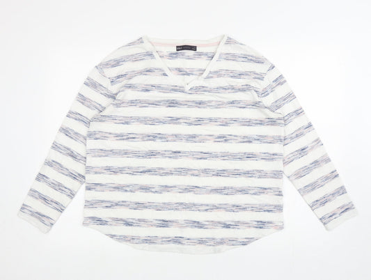 Marks and Spencer Womens White V-Neck Striped Viscose Pullover Jumper Size 14