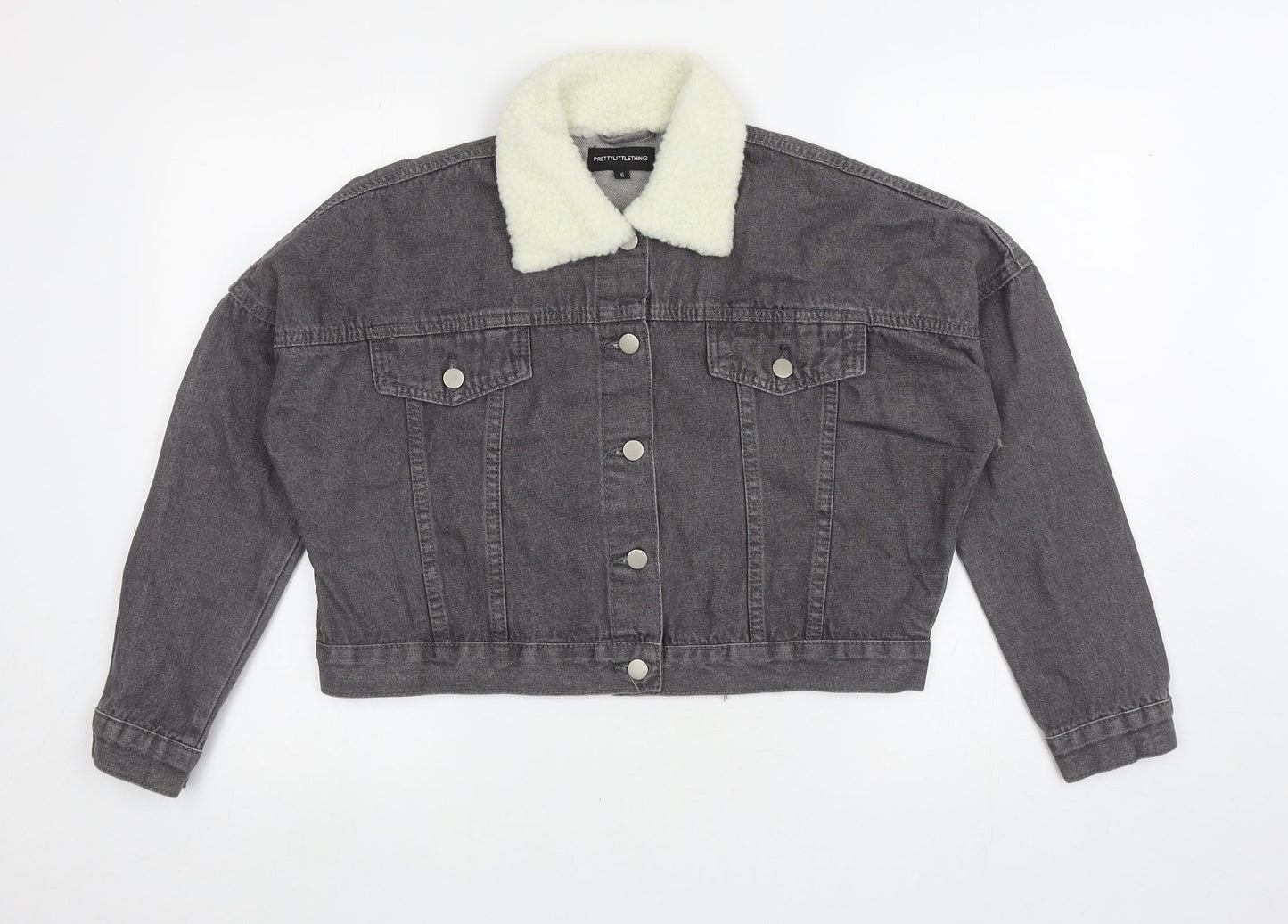 PRETTYLITTLETHING Womens Grey Jacket Size 6 Button - Faux Fur Collar