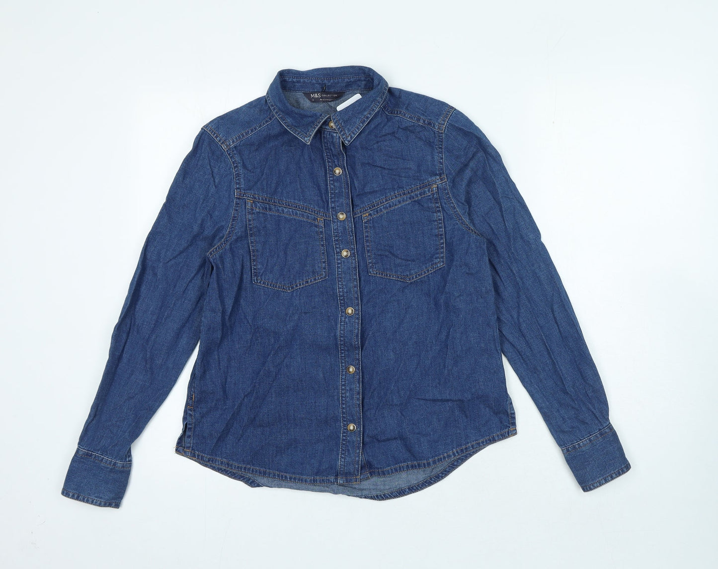 Marks and Spencer Womens Blue Herringbone Cotton Basic Button-Up Size 6 Collared