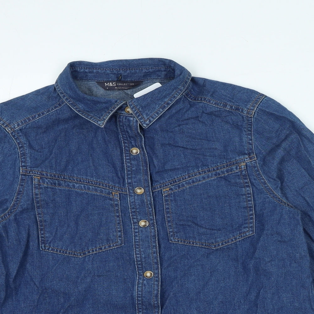 Marks and Spencer Womens Blue Herringbone Cotton Basic Button-Up Size 6 Collared