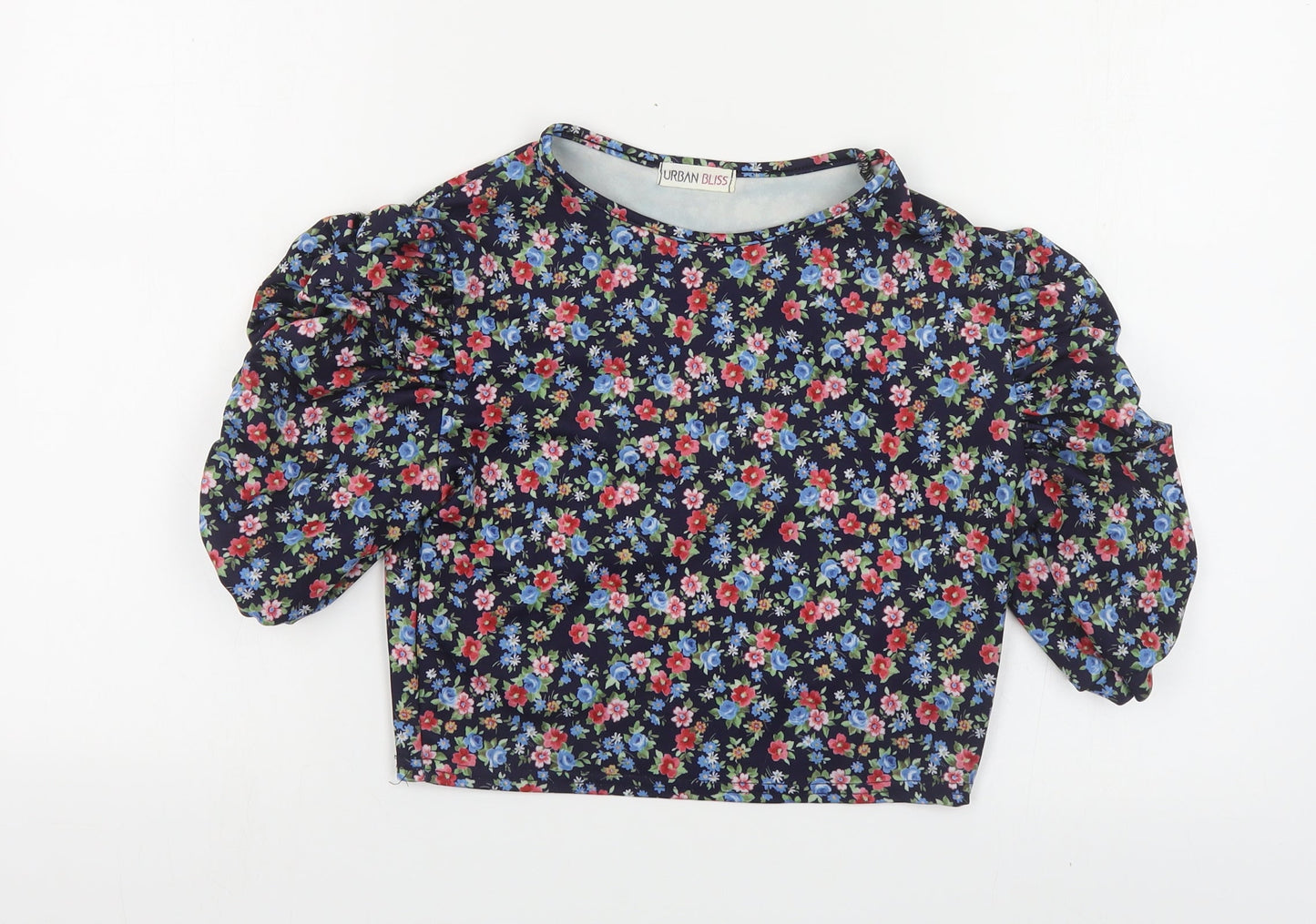 Urban Bliss Womens Multicoloured Floral Polyester Cropped T-Shirt Size 10 Crew Neck - Ruched Sleeves