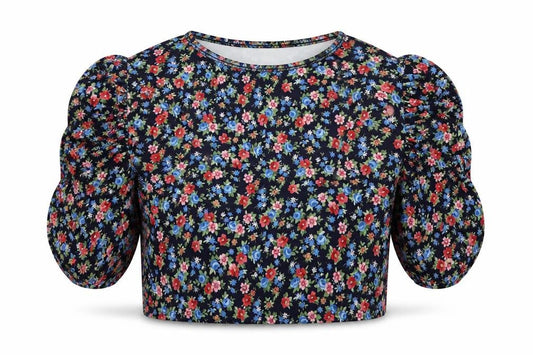 Urban Bliss Womens Multicoloured Floral Polyester Cropped T-Shirt Size 10 Crew Neck - Ruched Sleeves