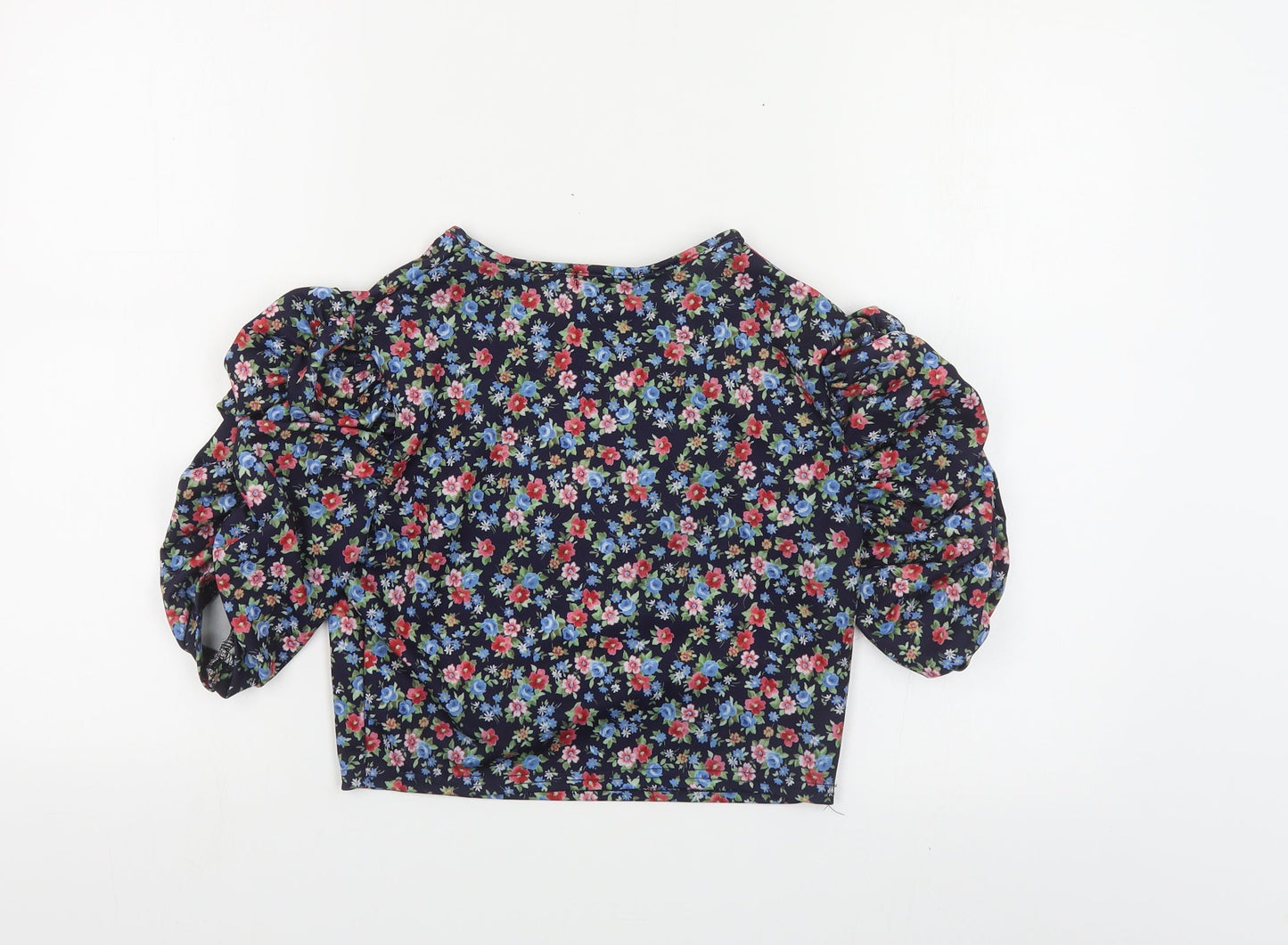 Urban Bliss Womens Multicoloured Floral Polyester Cropped T-Shirt Size 10 Crew Neck - Ruched Sleeves