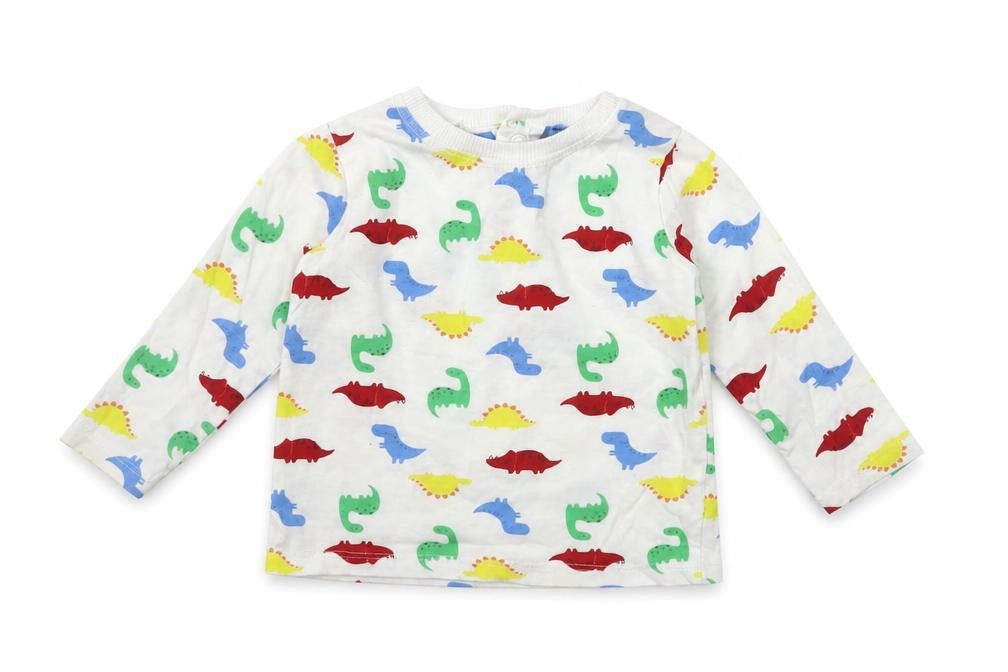 Dunnes Baby White Geometric Cotton Pullover T-Shirt Size 6-9 Months Crew Neck Snap - Dinosaur Print
