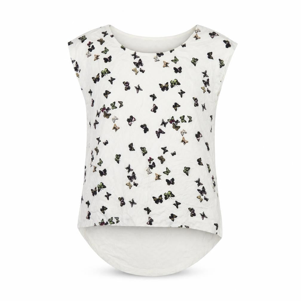 Rainbow Womens White Geometric Viscose Basic Button-Up Size S Boat Neck - Butterfly Print