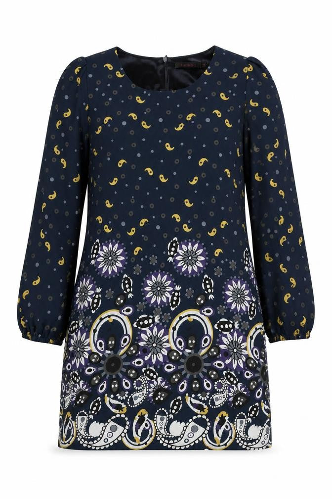 Tenki Womens Blue Geometric Polyester A-Line Size 10 Round Neck Zip