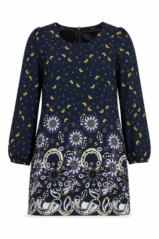 Tenki Womens Blue Geometric Polyester A-Line Size 10 Round Neck Zip