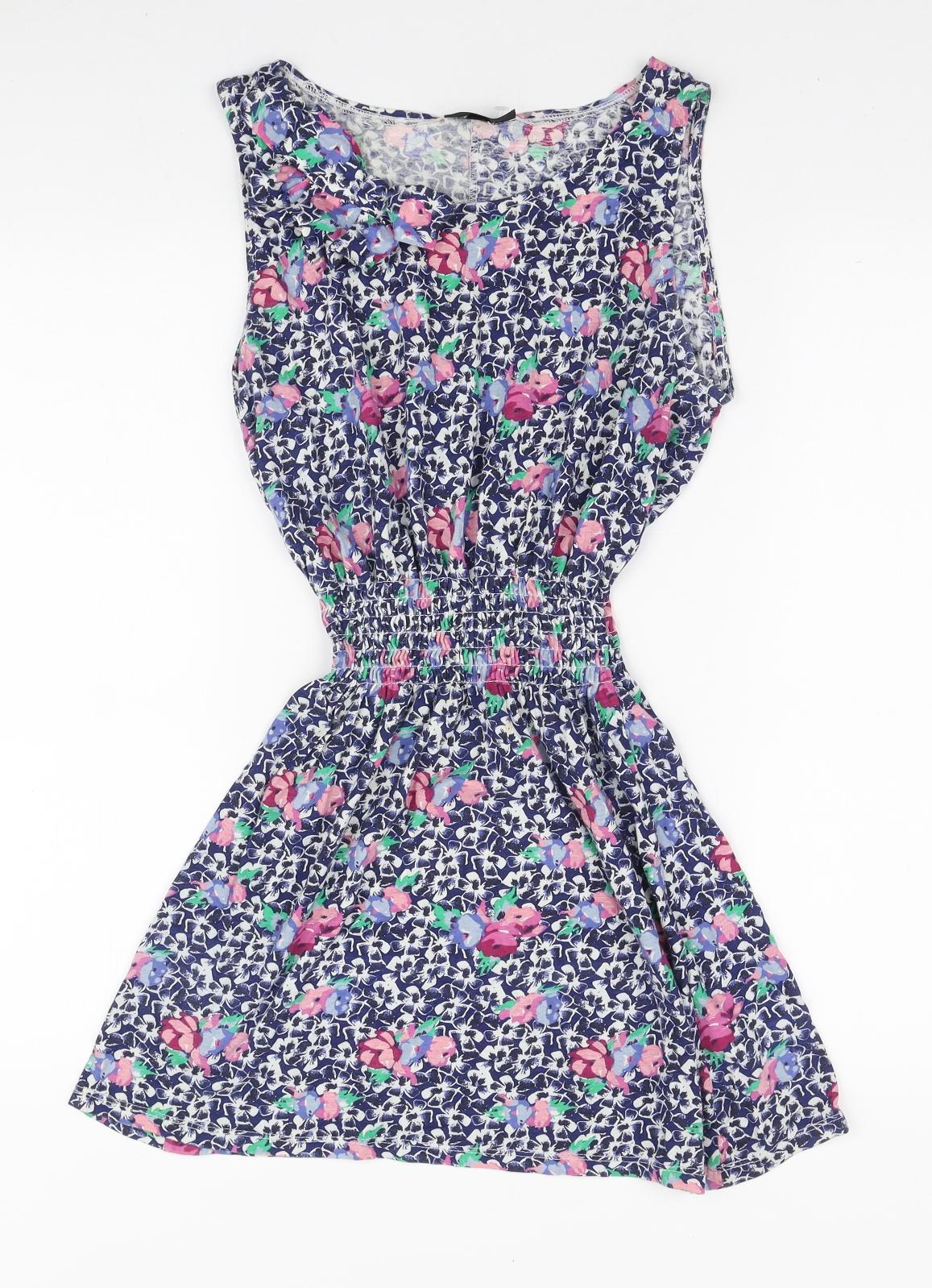 Topshop Womens Blue Floral Cotton Mini Size 8 Boat Neck Pullover