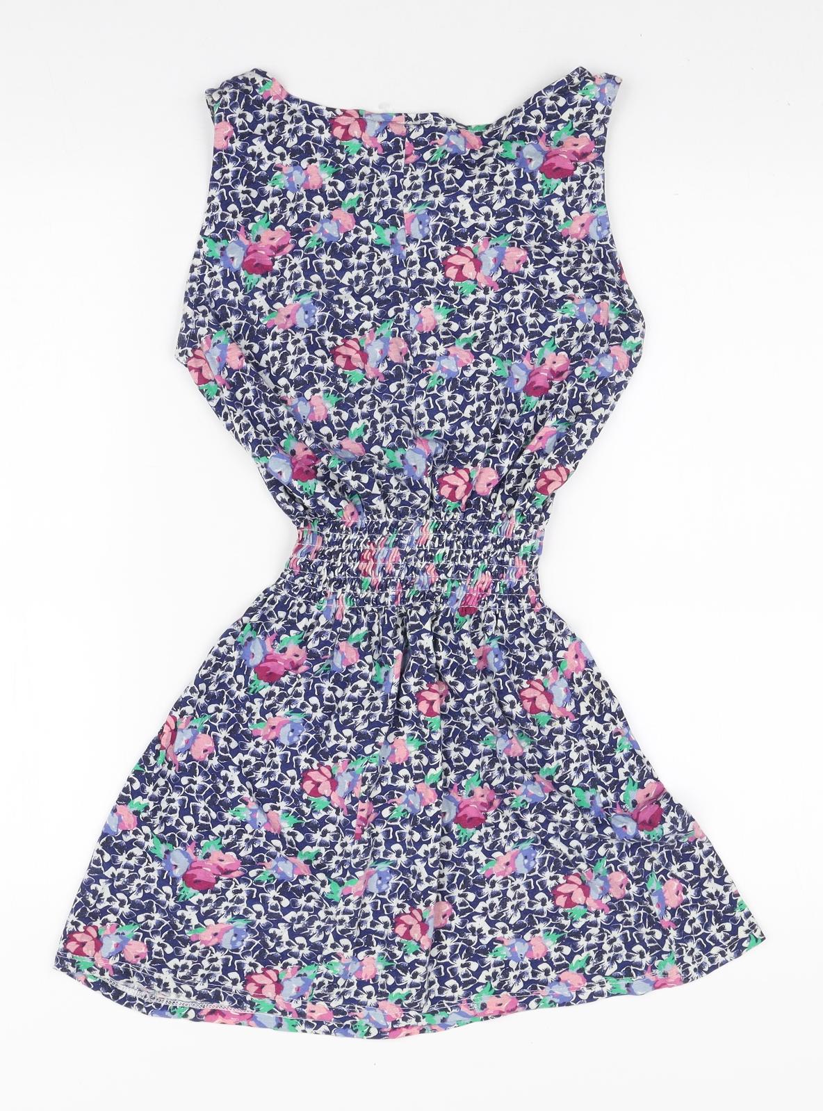 Topshop Womens Blue Floral Cotton Mini Size 8 Boat Neck Pullover