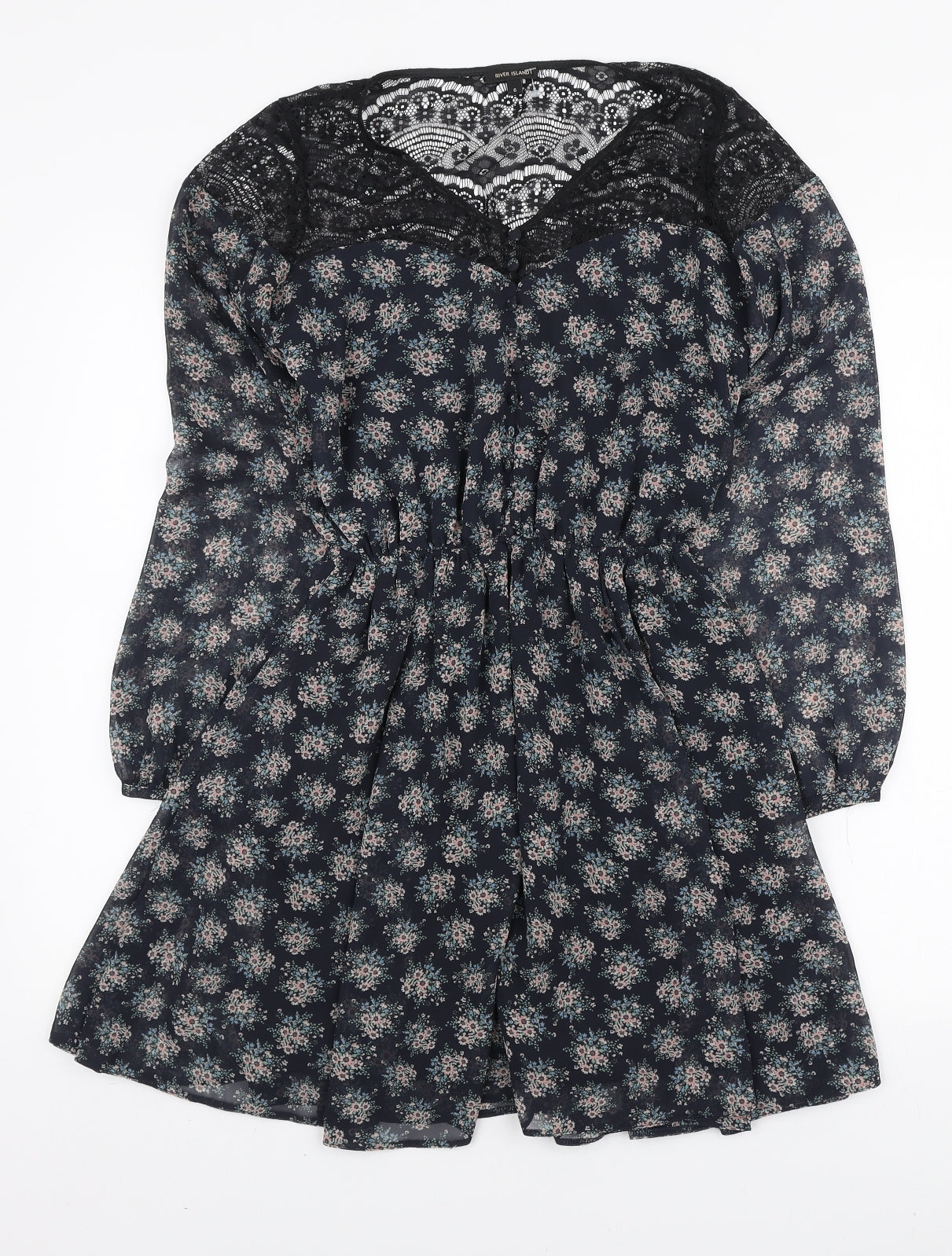River Island Womens Blue Floral Polyester Mini Size 6 V-Neck Button - Lace Neckline