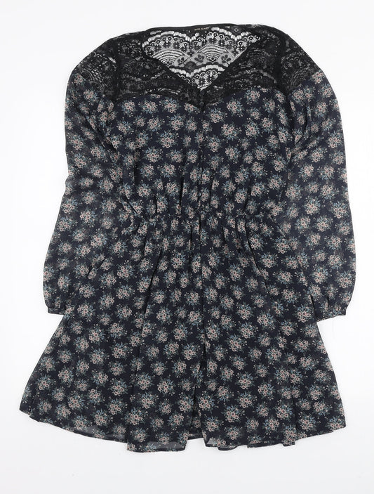 River Island Womens Blue Floral Polyester Mini Size 6 V-Neck Button - Lace Neckline
