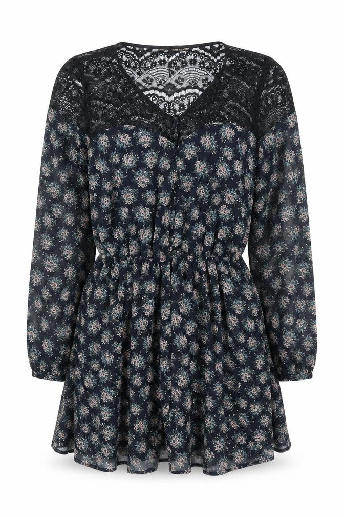 River Island Womens Blue Floral Polyester Mini Size 6 V-Neck Button - Lace Neckline