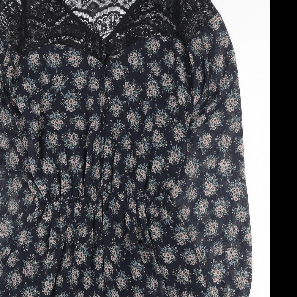 River Island Womens Blue Floral Polyester Mini Size 6 V-Neck Button - Lace Neckline