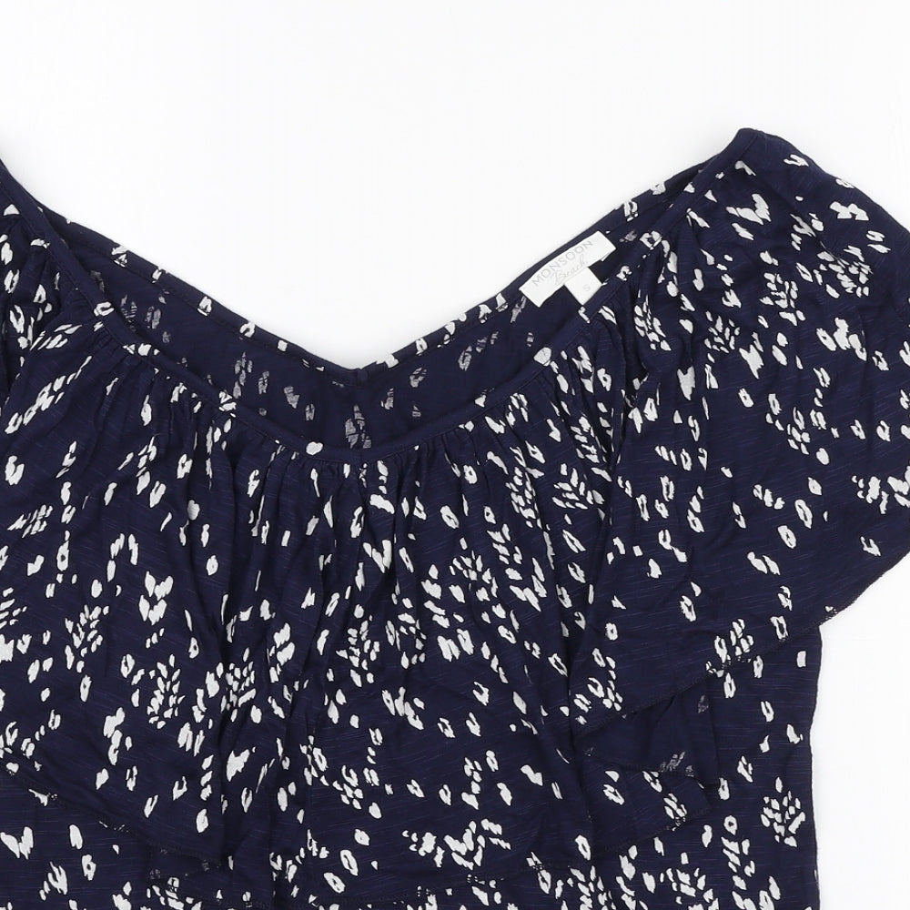 Monsoon Womens Blue Geometric Viscose Basic Blouse Size S V-Neck