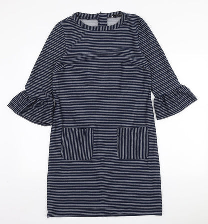 Tu Womens Blue Striped Polyester A-Line Size 12 Round Neck Zip
