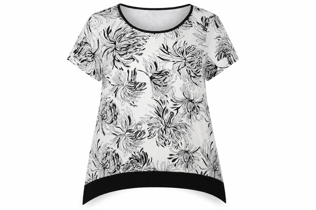 M&Co Womens Black Floral Viscose Basic Blouse Size 16 Round Neck - Asymmetric Hem