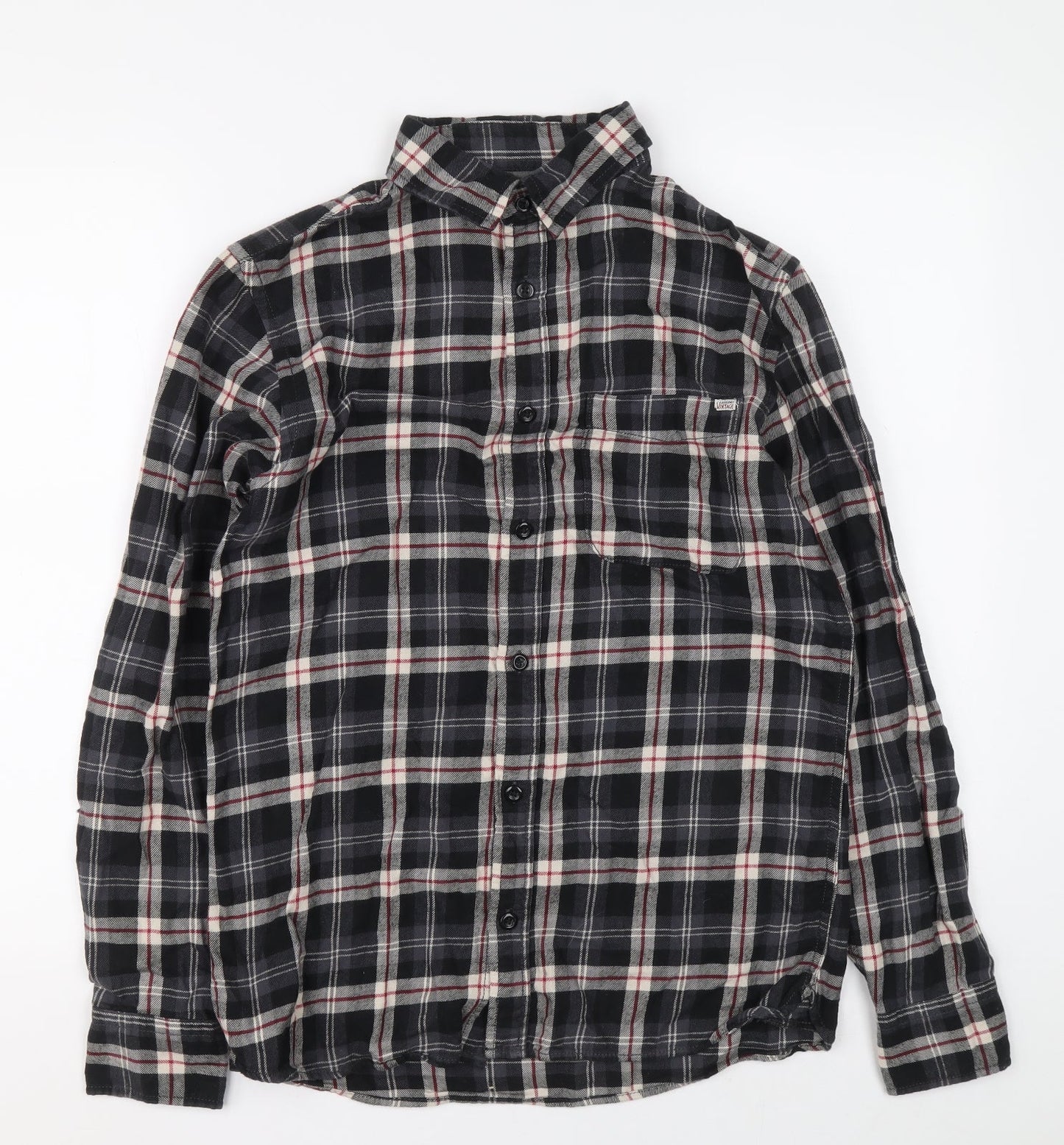 JACK & JONES VINTAGE Womens Grey Plaid 100% Cotton Basic Button-Up Size S Collared