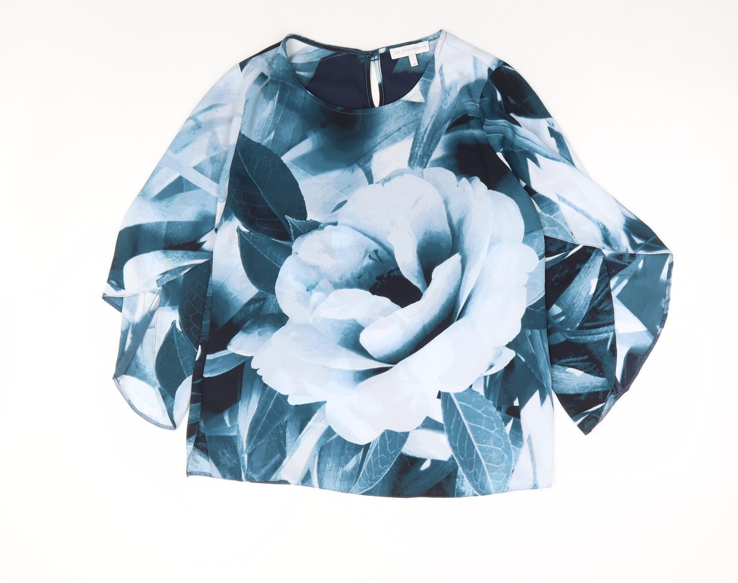 Rocha John Rocha Womens Blue Floral Polyester Basic Blouse Size 10 Round Neck