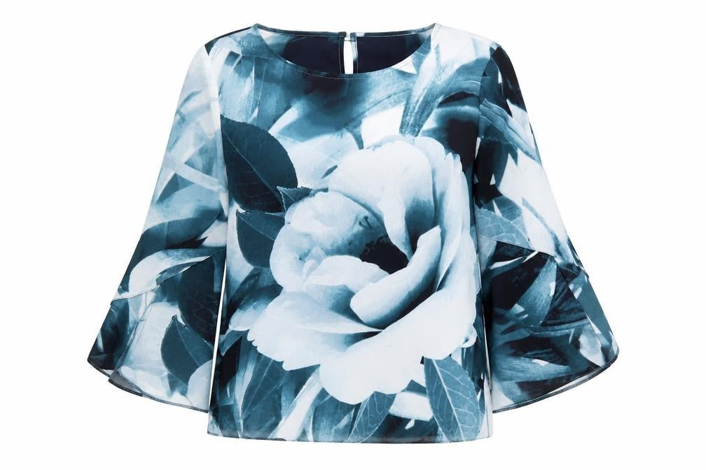 Rocha John Rocha Womens Blue Floral Polyester Basic Blouse Size 10 Round Neck