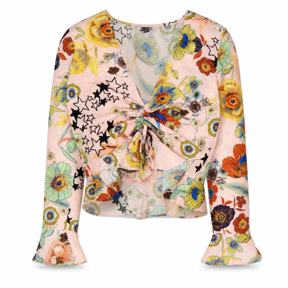 Topshop Womens Pink Floral Polyester Cropped Blouse Size 4 V-Neck - Flute Sleeve