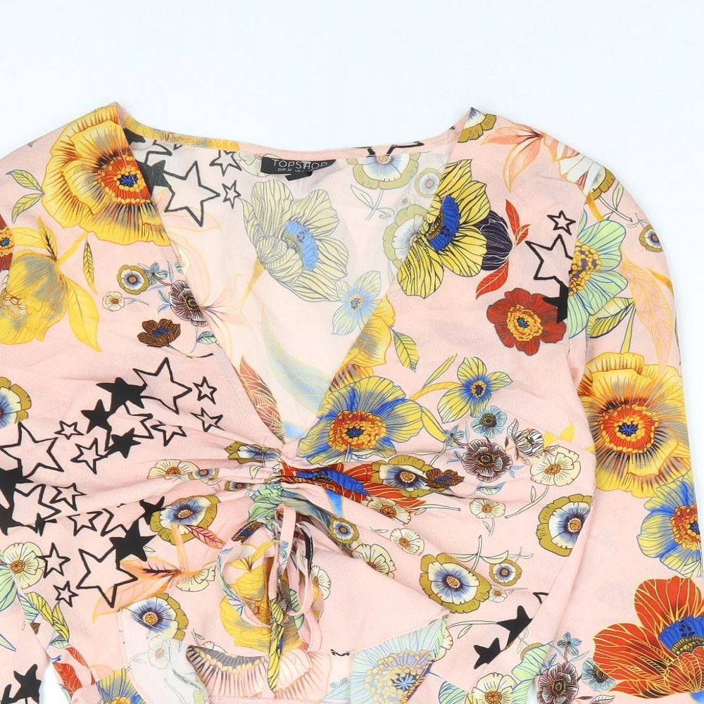 Topshop Womens Pink Floral Polyester Cropped Blouse Size 4 V-Neck - Flute Sleeve