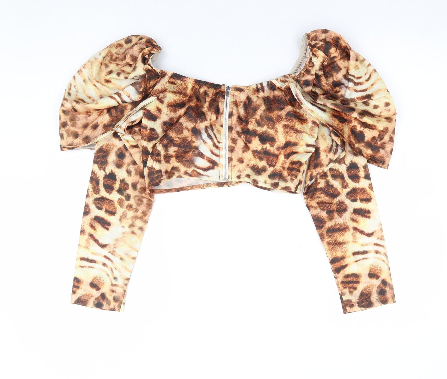 PRETTYLITTLETHING Womens Brown Animal Print Polyester Cropped Blouse Size 8 Boat Neck - Leopard Print