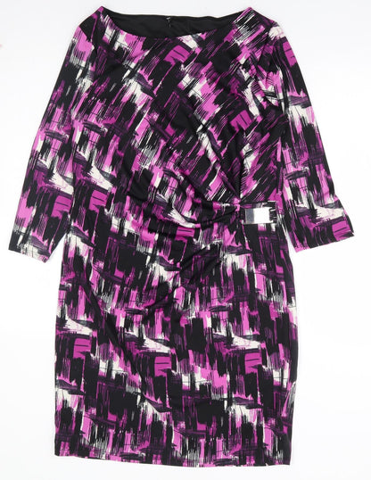 Womens Purple Geometric Viscose A-Line Size 12 Round Neck Pullover