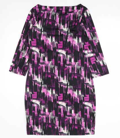 Womens Purple Geometric Viscose A-Line Size 12 Round Neck Pullover