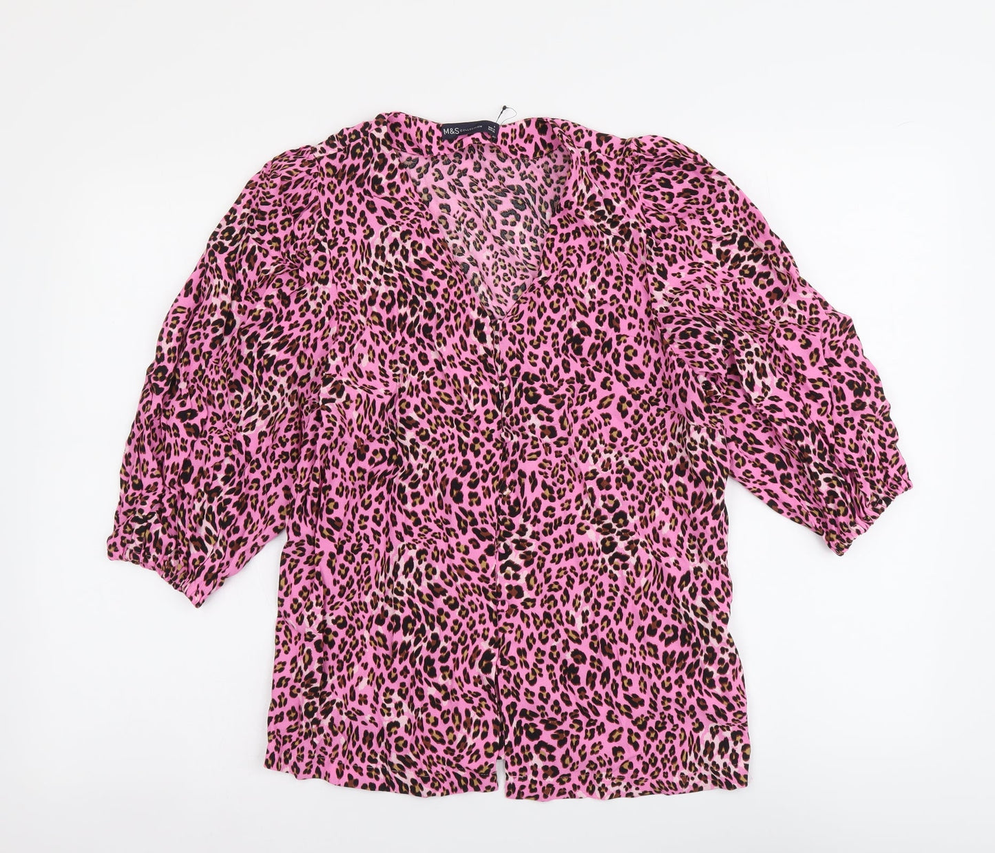 Marks and Spencer Womens Pink Animal Print Polyester Basic Button-Up Size 8 V-Neck - Leopard pattern