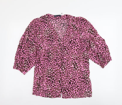 Marks & Spencer Womens Pink Animal Print Polyester Basic Button-Up Size 8 V-Neck - Leopard pattern