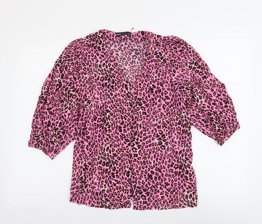 Marks and Spencer Womens Pink Animal Print Polyester Basic Button-Up Size 8 V-Neck - Leopard pattern