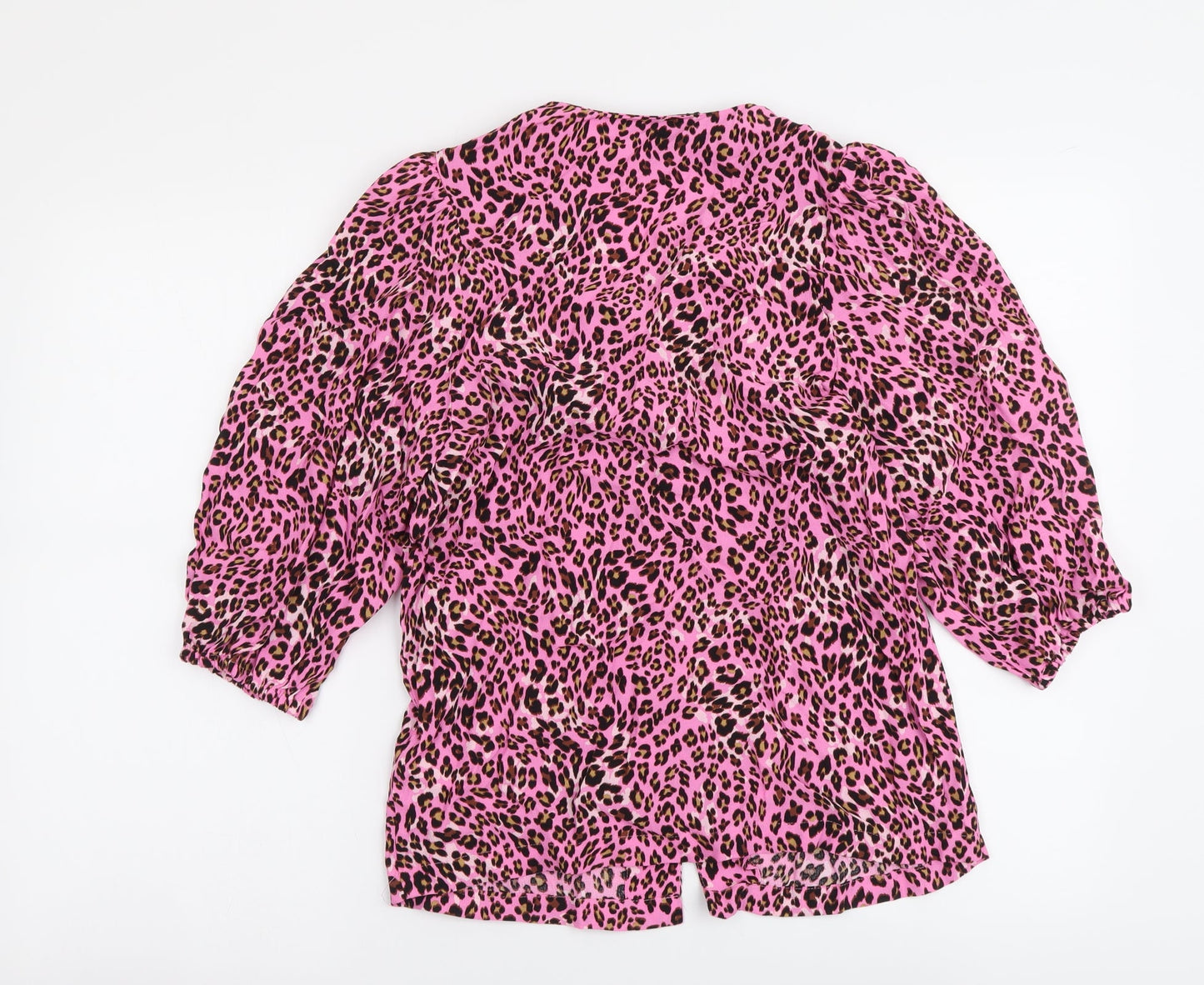 Marks and Spencer Womens Pink Animal Print Polyester Basic Button-Up Size 8 V-Neck - Leopard pattern