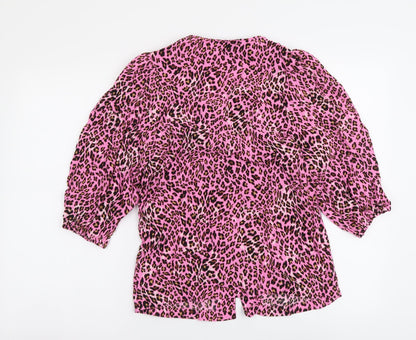 Marks & Spencer Womens Pink Animal Print Polyester Basic Button-Up Size 8 V-Neck - Leopard pattern