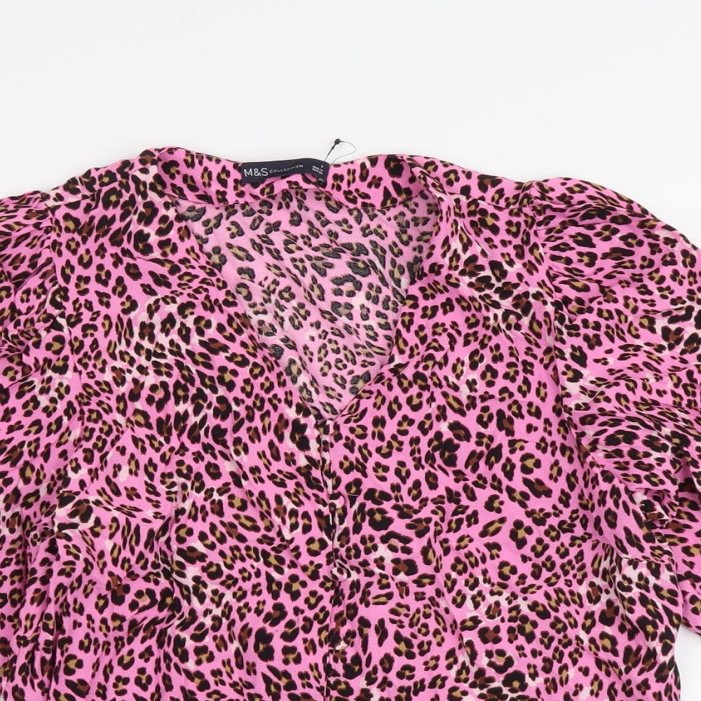 Marks and Spencer Womens Pink Animal Print Polyester Basic Button-Up Size 8 V-Neck - Leopard pattern
