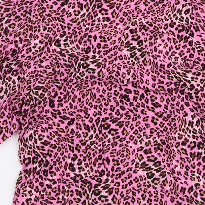 Marks & Spencer Womens Pink Animal Print Polyester Basic Button-Up Size 8 V-Neck - Leopard pattern