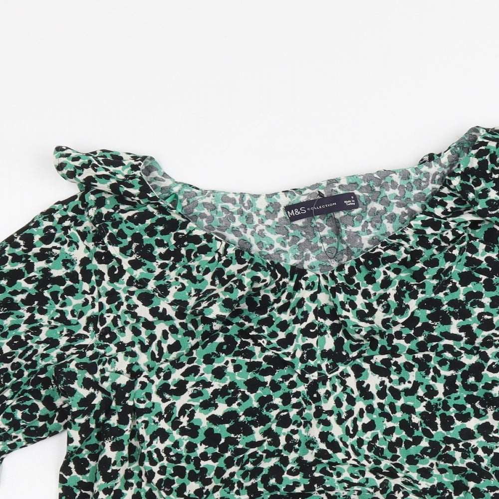 Marks and Spencer Womens Green Animal Print Viscose Basic Blouse Size 8 V-Neck