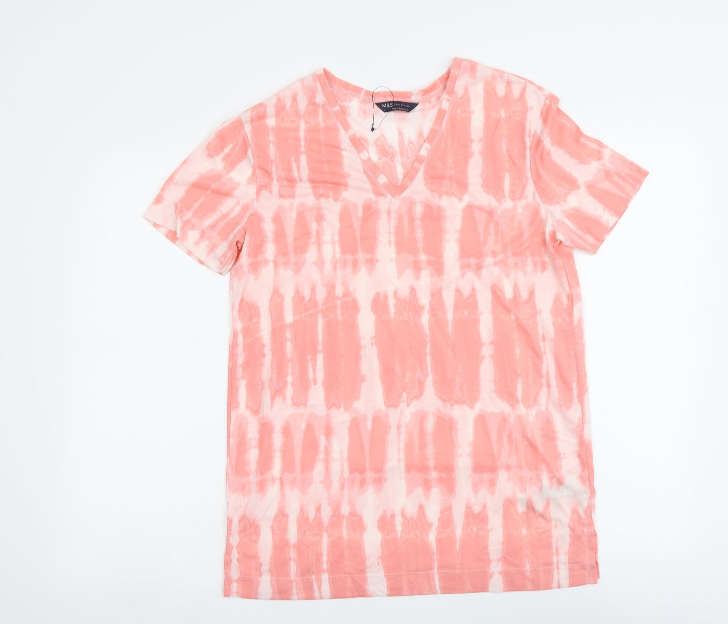 Marks and Spencer Womens Pink Geometric Polyester Basic T-Shirt Size 8 V-Neck - Tie Dye