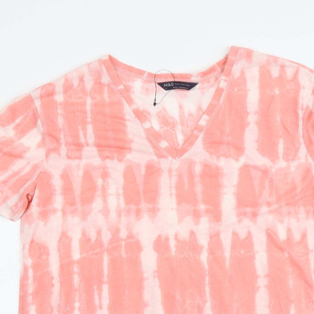 Marks and Spencer Womens Pink Geometric Polyester Basic T-Shirt Size 8 V-Neck - Tie Dye